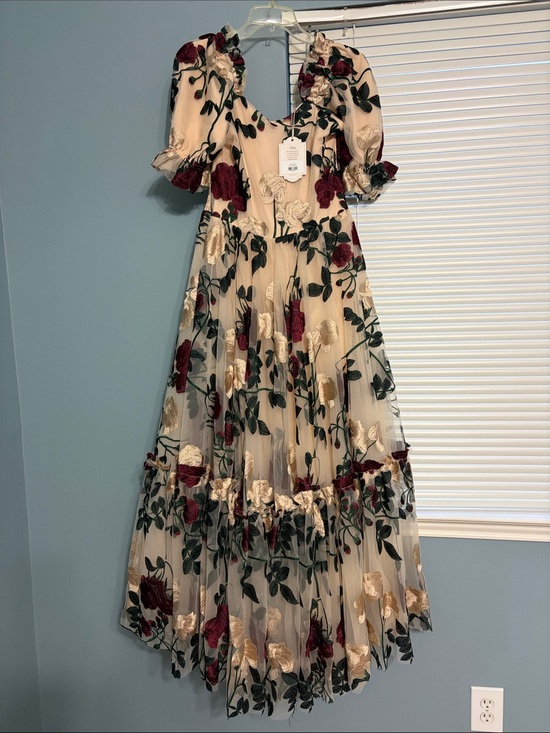 Ivy City Co Dresses & Skirts - Ivy City Co Cream Midi Dress with Burgundy & Green Floral Embroidery